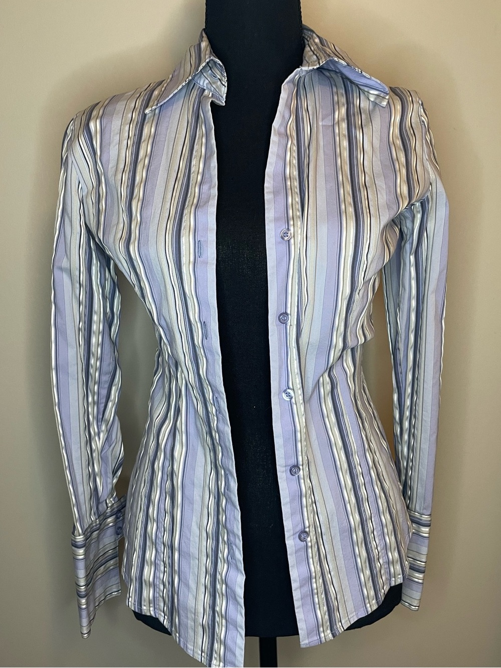 New York & Company Light Purple, White and Gray Striped Shirt